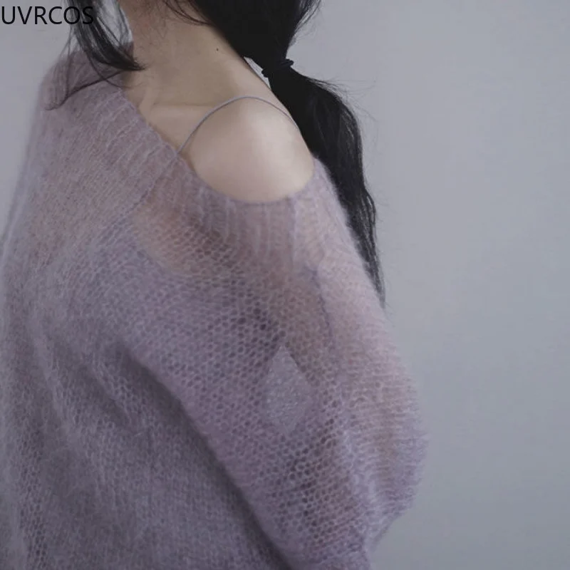 Knitted Sweaters Women Casual Slim Solid Mohair Thin Hollow Pullovers Slash Neck Loose Sweatshirt Sweet Elegant Korean Clothing