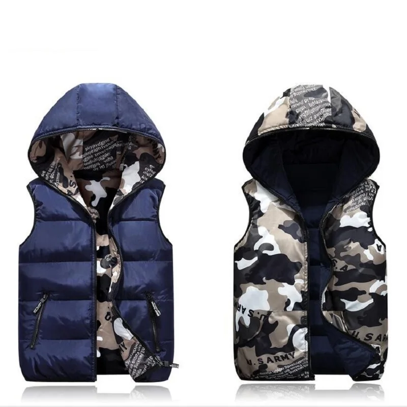 Parent-Child Outfits Warm Camo Reversible Vest Girls Boys Cotton Full Zip Waistcoat School Kids Outerwear Child Jacket 100-185cm