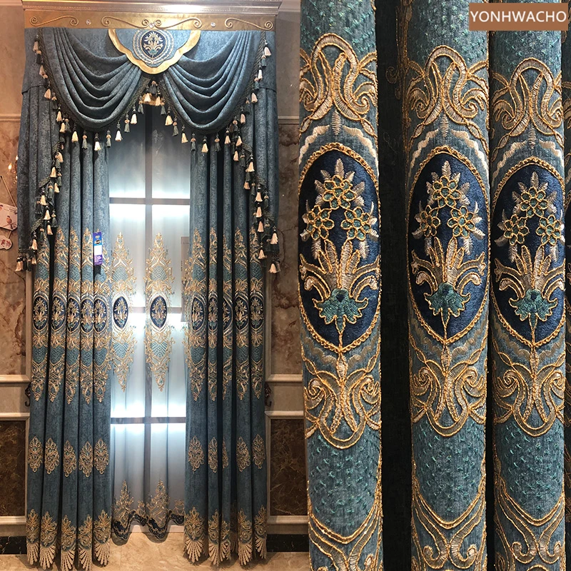 

Custom curtain European luxury chenille embroidery villa living room blue cloth blackout curtain valance tulle drape C813