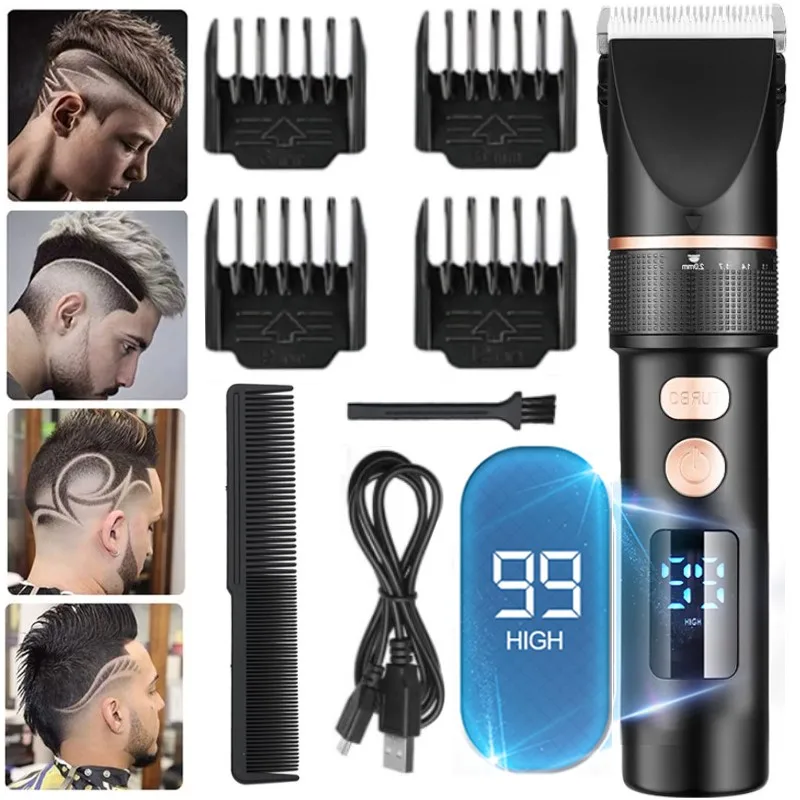 Hair Clippers for Men Cordless Close Cutting T-Blade Professional Full Metal Hair Cutting Beard Clipper Set with LED Grooming