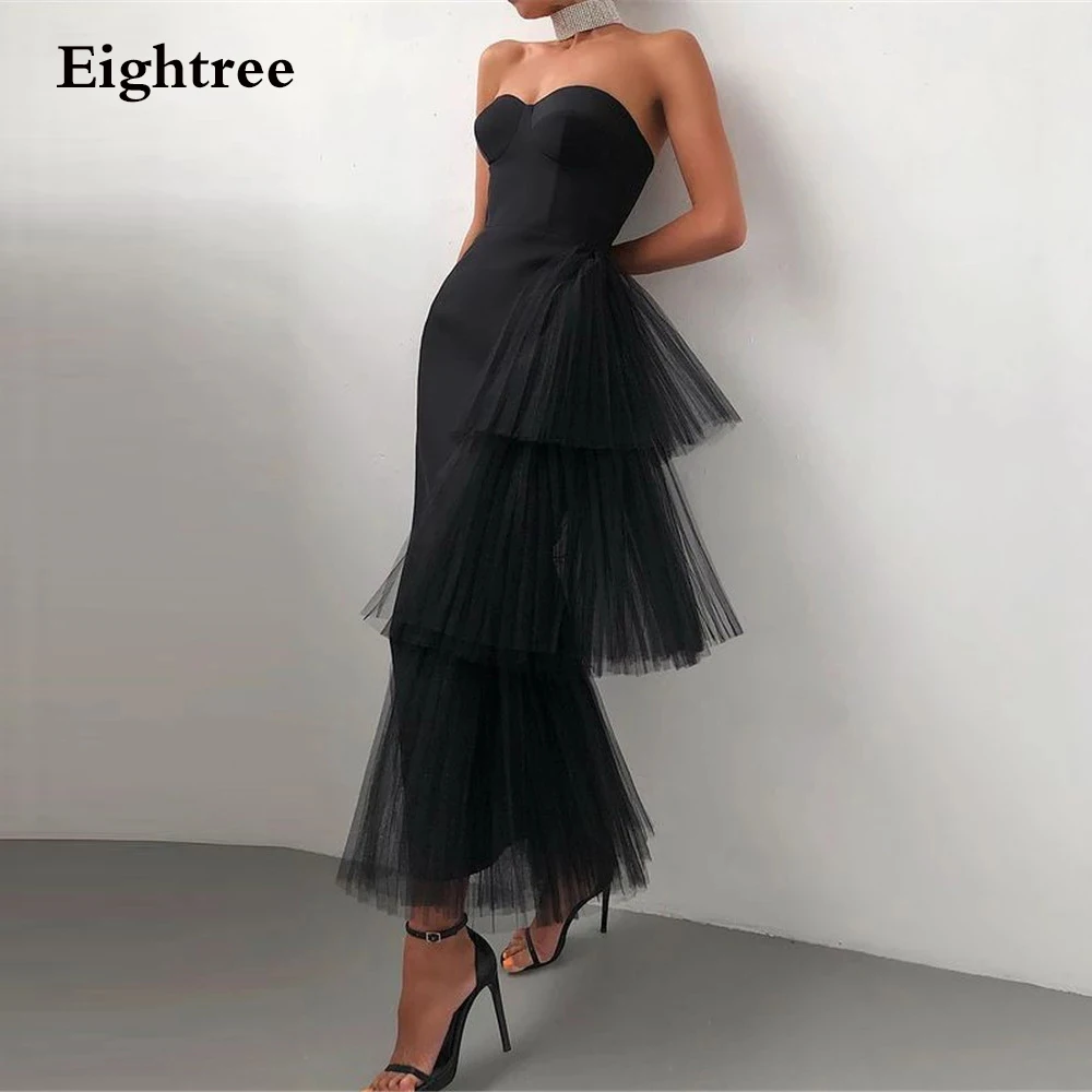 Eightree Simple Black Pink Soft Tulle Evening Party Dress Sweetheart Sleeveless Tea Length Formal Prom Night Gowns Dresse