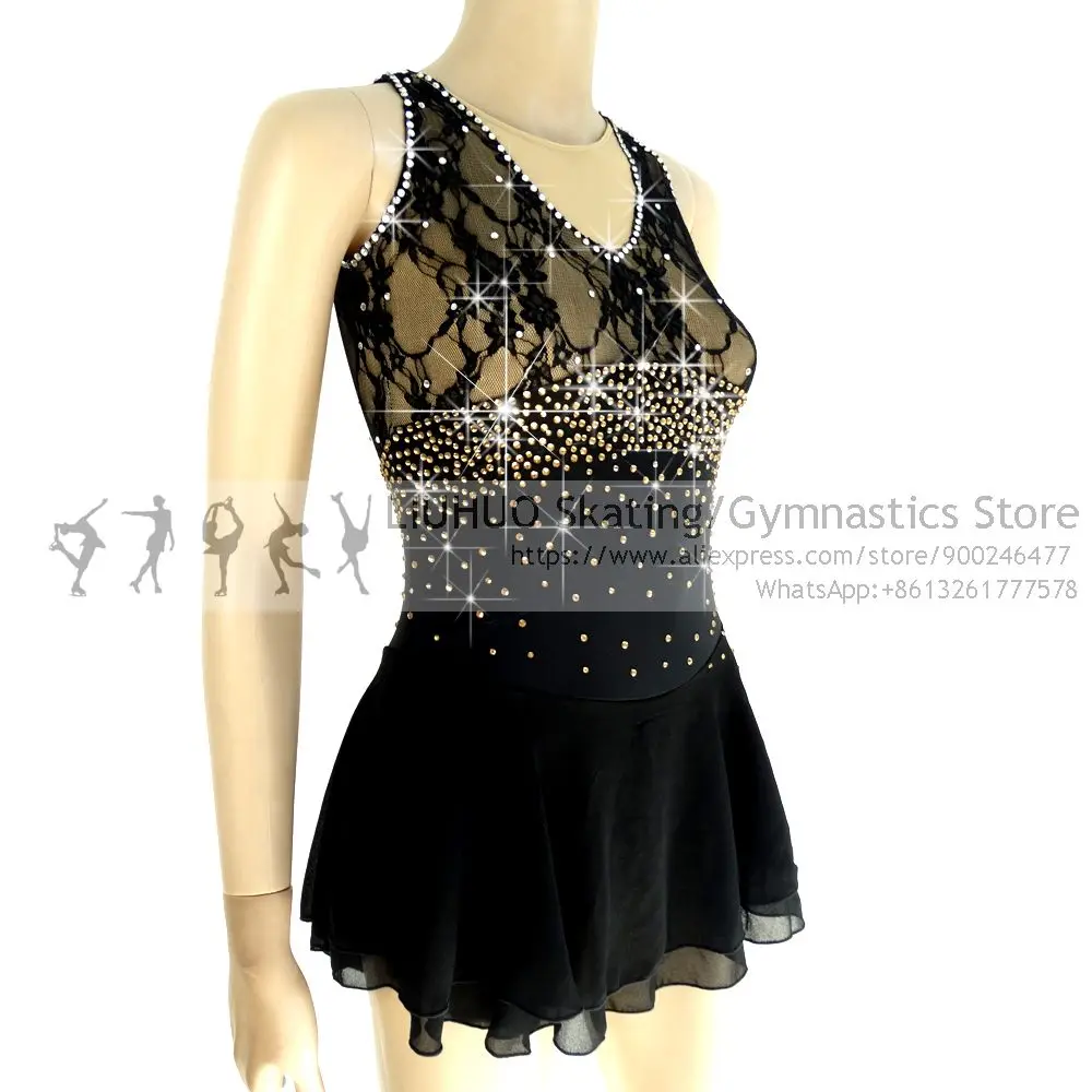 Figure Skating Dress GirlsBlack Swimwear Sleeveless Splice Ice Skating Dance costumes Roller Skating Ballet Dress for Adult