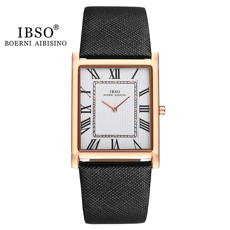 IBSO Ultra-Thin Rectangle Dial Men\'s Quartz Watch Luxury Business Style Genuine Leather Strap Waterproof New Men WristWatches