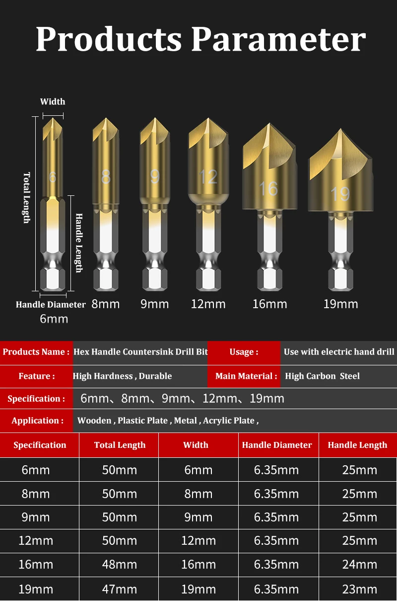 6 Buah Set Bor Pembenam Talang Hex untuk Kayu Logam Alat Gurdi Berubah Cepat Pemotong Hex Shank Baja Karbon 6Mm-19Mm