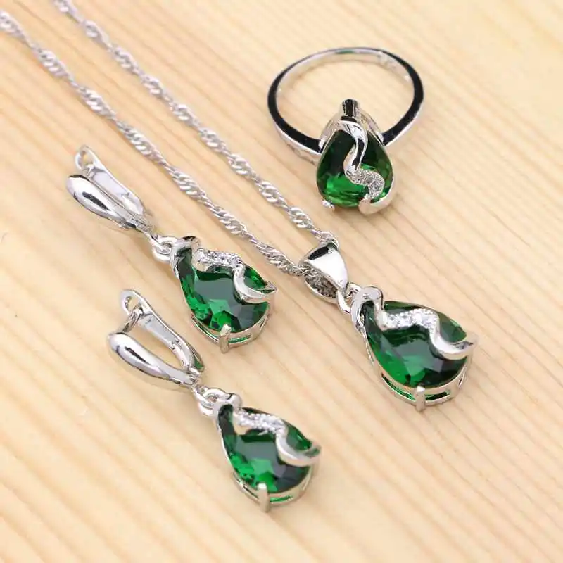 

Natural Green Cubic Zirconia White Crystal Silver 925 Bridal Wedding Jewelry Sets Earrings/Pendant/Necklace/Ring For Women