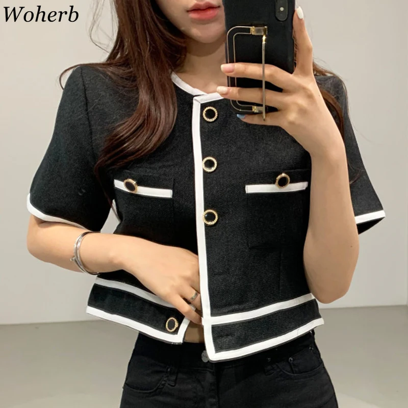 Woherb 2025 Summer Short Sleeve O-Neck Single Breasted Women Trend Coat Feminino Chic Button Loose  Casual Ladies Jacket