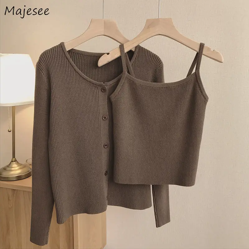 

Women Sets 2 Piece Solid Slim O-Neck Long Sleeve Single Breasted Stylish Korean Version Casual Knitted All-match Simple Spring