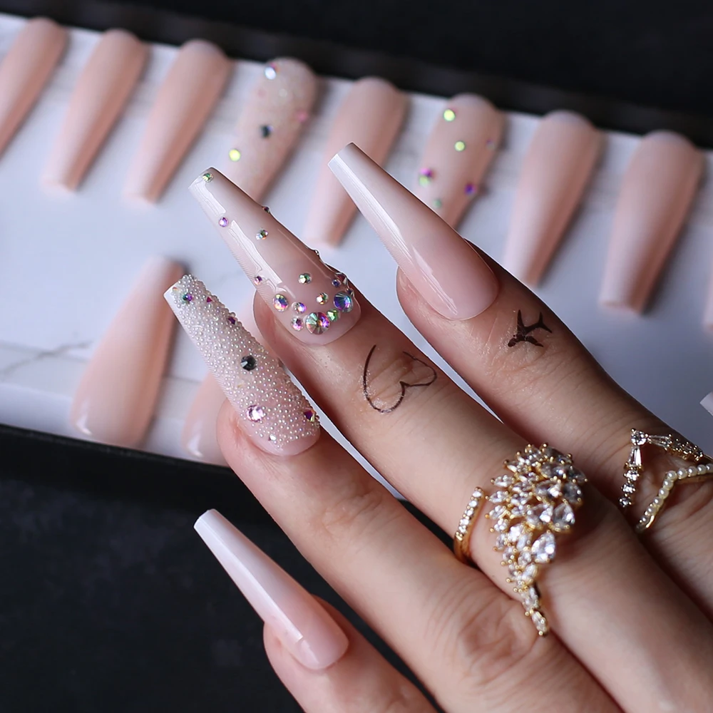 Extra Long Coffin Artificial Fake nails Baby boomber Ombre Nude Press on nails Rhinestone False nails Glossy Gel Full Cover