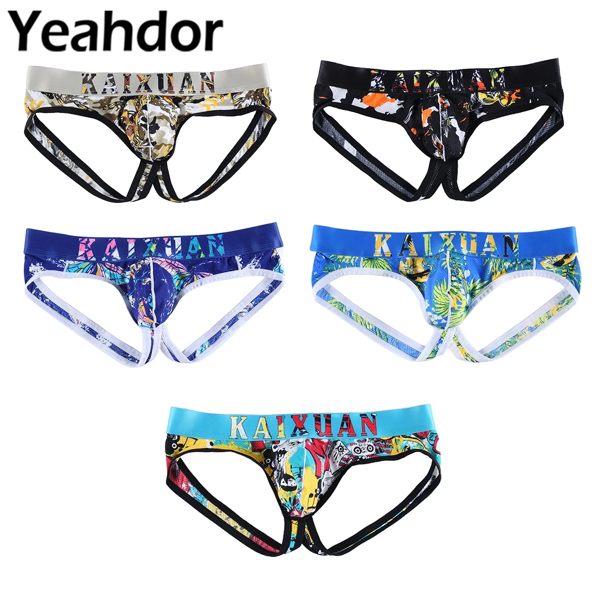 

Mens Sexy Exotic Underwear Lingerie Printed Breathable Mesh Open Butt Jockstrap Briefs Low Waist Bulge Pouch G-string Underpants