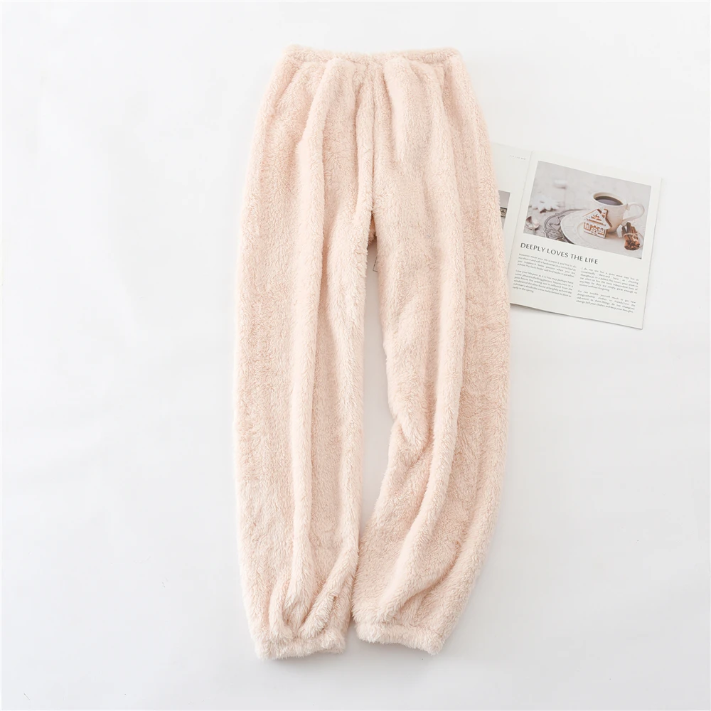 Winter Women\'s Plush Pajama Pants Warm Home Pants Loose Comfortable Elastic Waist Cute Solid Coral Fleece Men Home Pants Outside