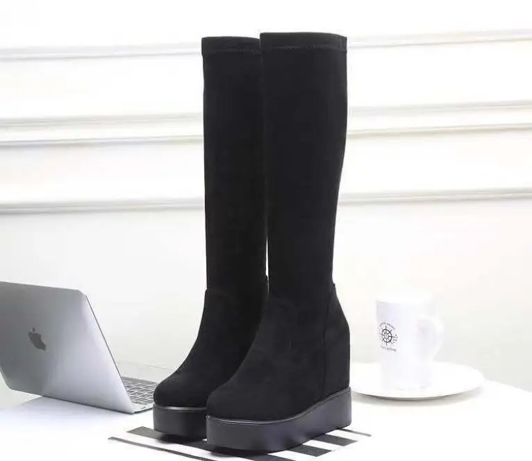 Autumn Winter Warm Wedges Knee High Boots Inner Increase Women's Round Toe Elastic Boots Long Tube Muffin Bottom Female Shoes
