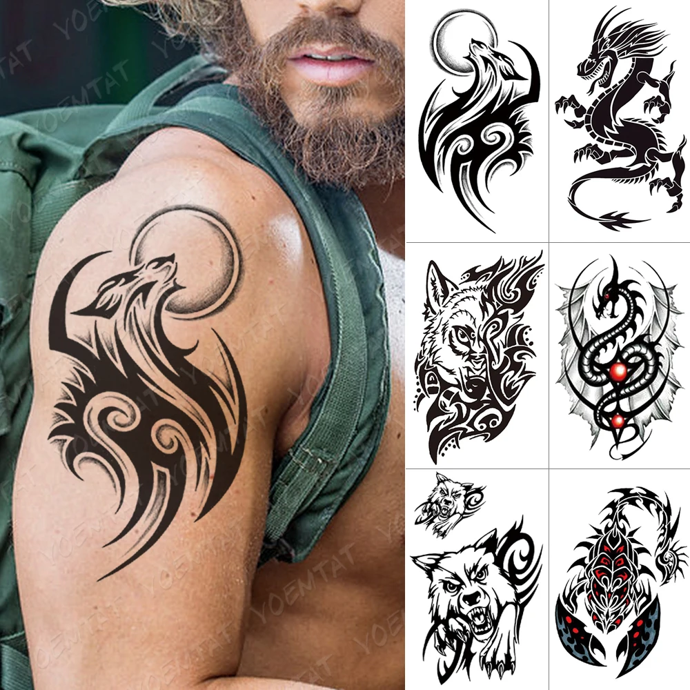 

Waterproof Temporary Tattoo Sticker Dragon Scorpion Wolf Flash Tattoos Wings Cross Body Art Arm Owl Maori Totem Fake Tatoo Men