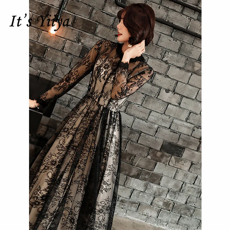 

It's Yiiya Evening Dress 2019 Black Lace Embroidery A-Line Floor Length Dresses Elegant Long Sleeve Illusion Formal Dreses E1326