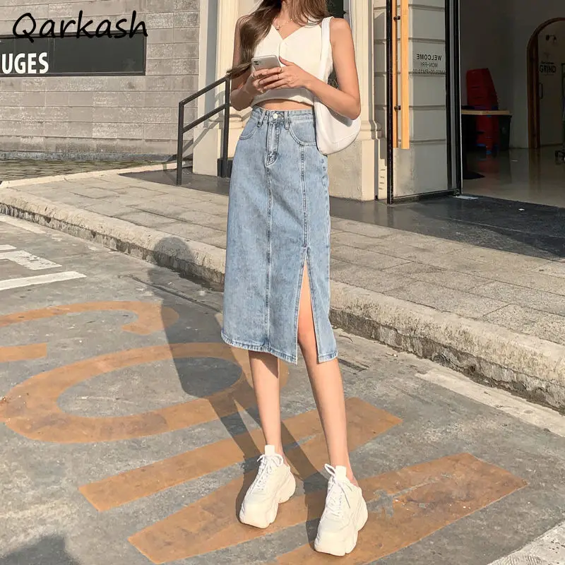 

Denim Skirts Women Summer Side-slit Design Midi Elegant Female Street Fashion Daily Vintage All-match Temperament Popular Ins