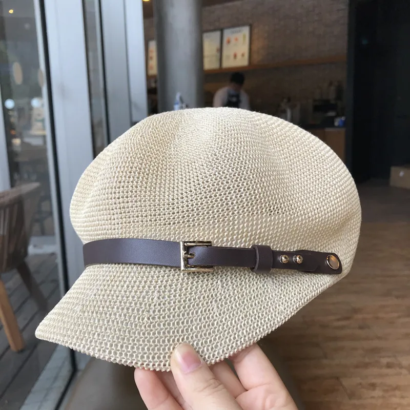 Gorra octogonal de paja para mujer, gorro fino de verano, boina de punto con cuerda ajustable, malla transpirable, para la playa, 2021