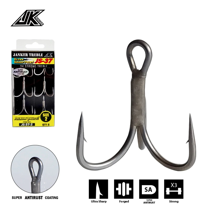 Anzuelos triples JK JS-37 gris 3X antioxidante para pesca marina