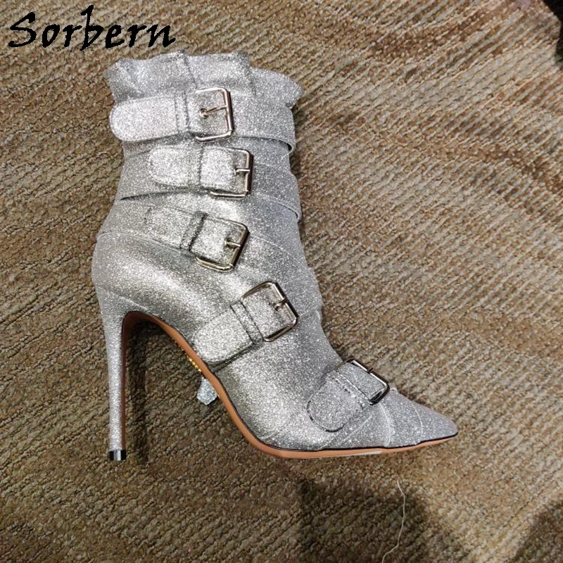 Sorbern Silver Glitter Short Boots For Women High Heel Stilettos Silver Ruffle Ankle Details Multi Straps Buckles Stilettos Shoe