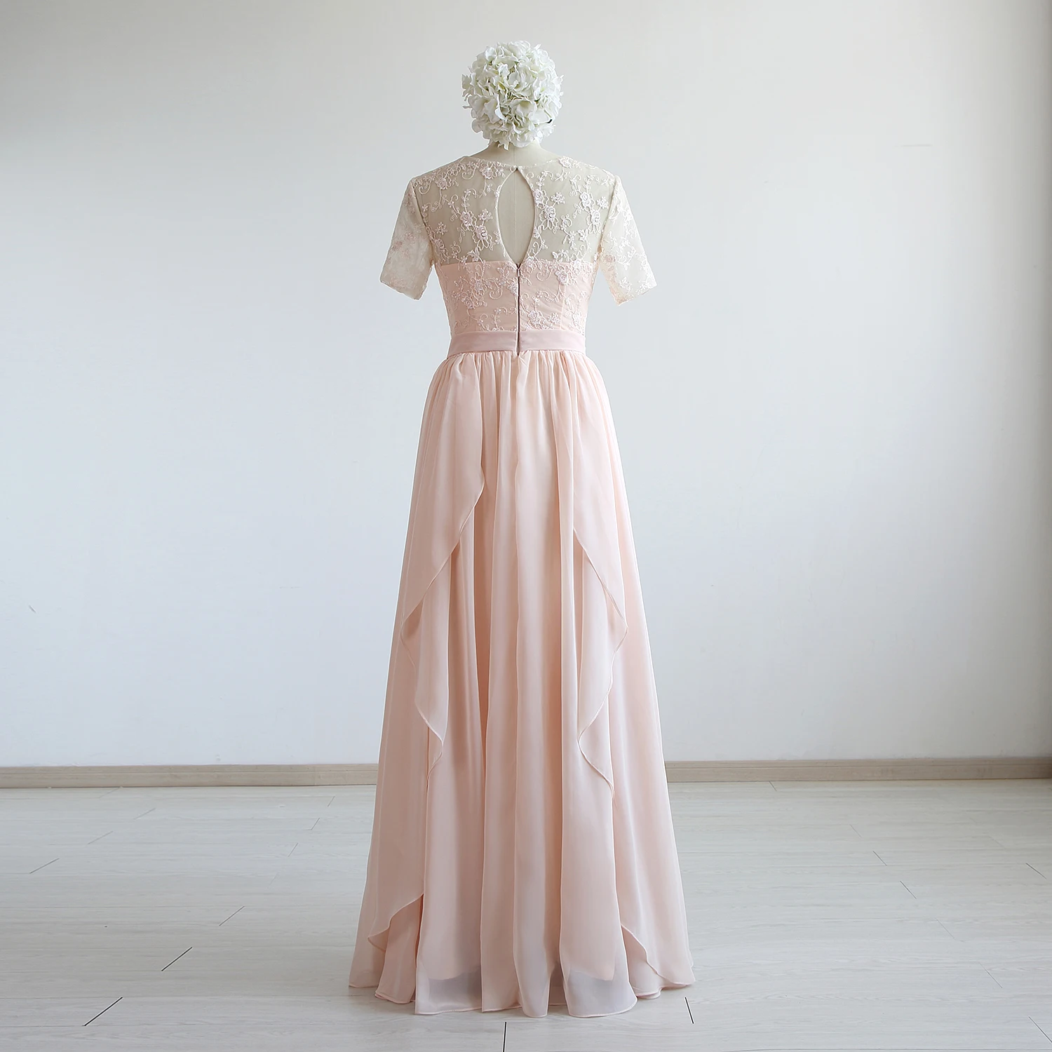 Roze Chiffon Kant Kapmouwtjes Floor-Lengte A-lijn Moeder Van De Bruid Jurken Custom Made