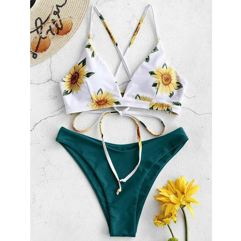 Sunflower Printed Bikini Set Sexy Swimwear Women 2024 Mujer Push Up Padded Biquini Bathers Bandage Bathing Suit Swimsuit Bikini