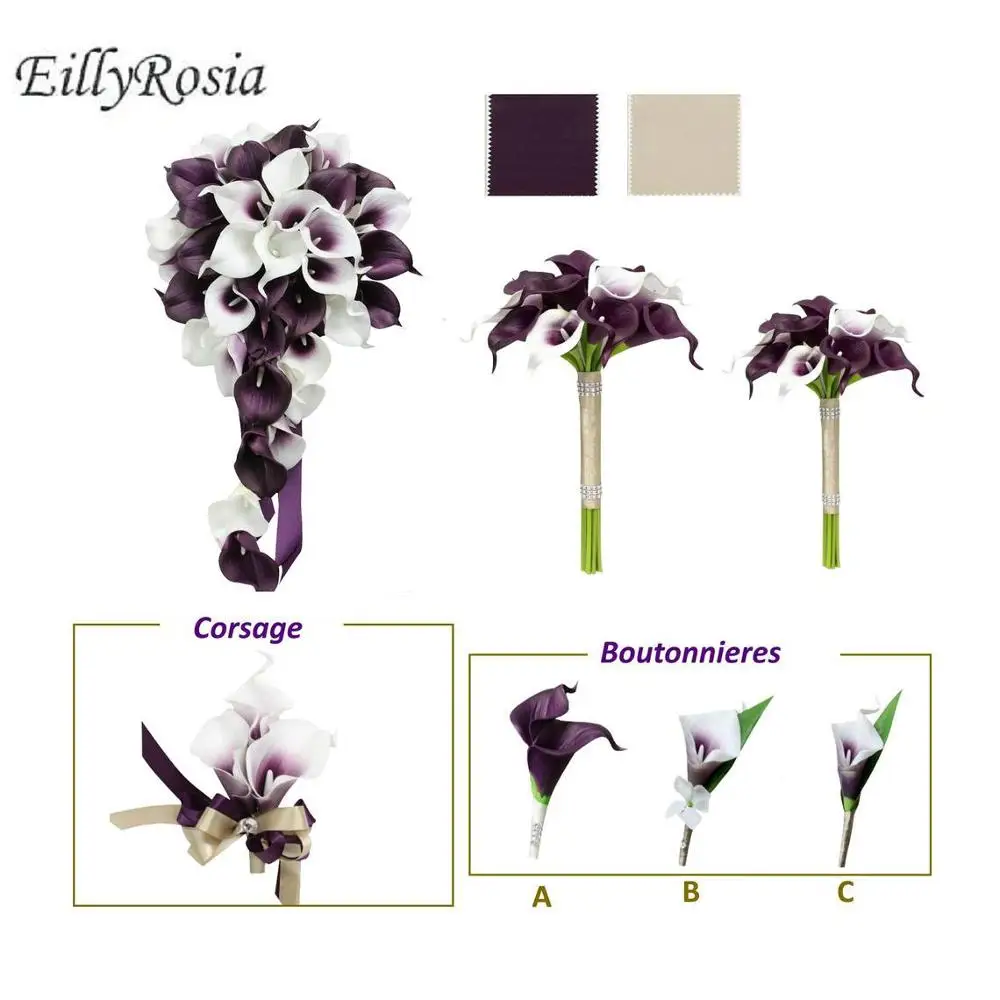 Eillyrosia buquê de flores artificiais, branco e roxo, para casamento, damas de honra, amarrar na mão, cor personalizada