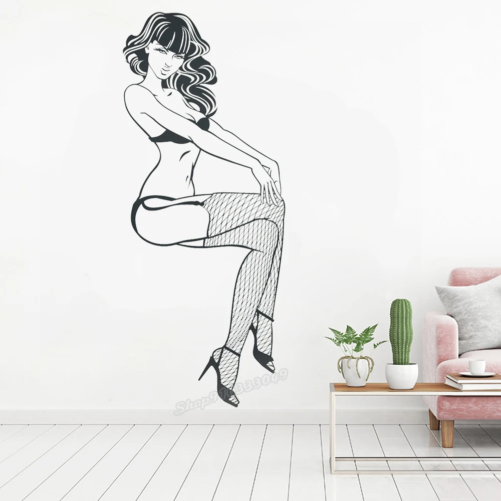 

Sitting pin-up wall decal fishnet stockings Sexy woman Girl wall sticker sexy pin-up decor art boudoir Bedroom decor Mural C901