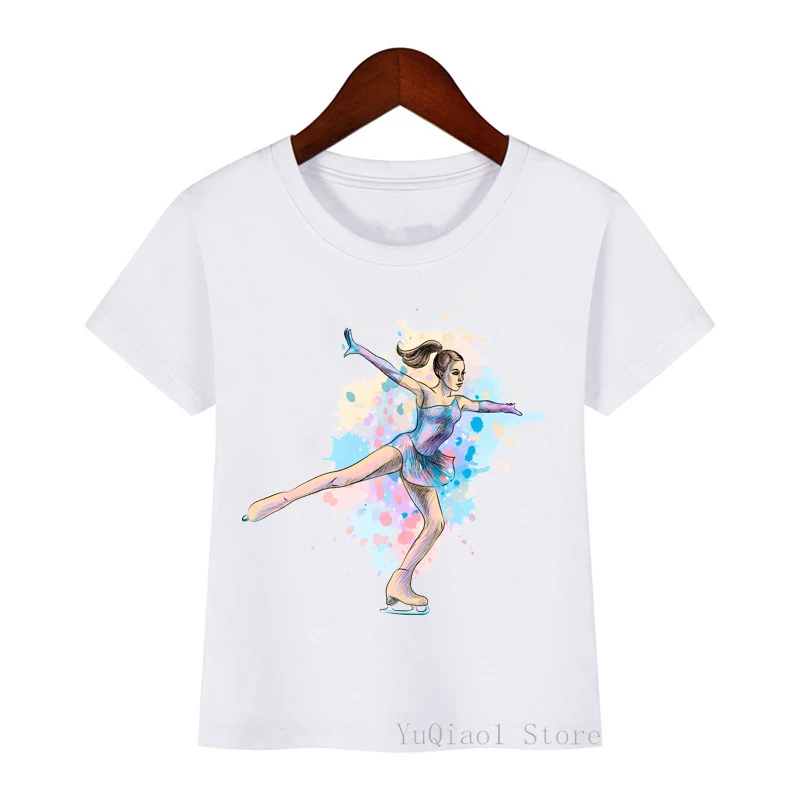 Watercolor Figure Skating Art Print Tshirt Boys Girls Class Clothes White T Shirt Kids Top Children\'S Clothing From 3 To 13 Year