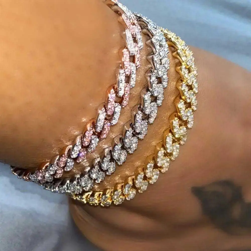 Flatfoosie modne Bling Iced Out Rhinestone Anklet dla kobiet złoty kolor srebrny kubański Link Anklet boso sandały biżuteria na stopy