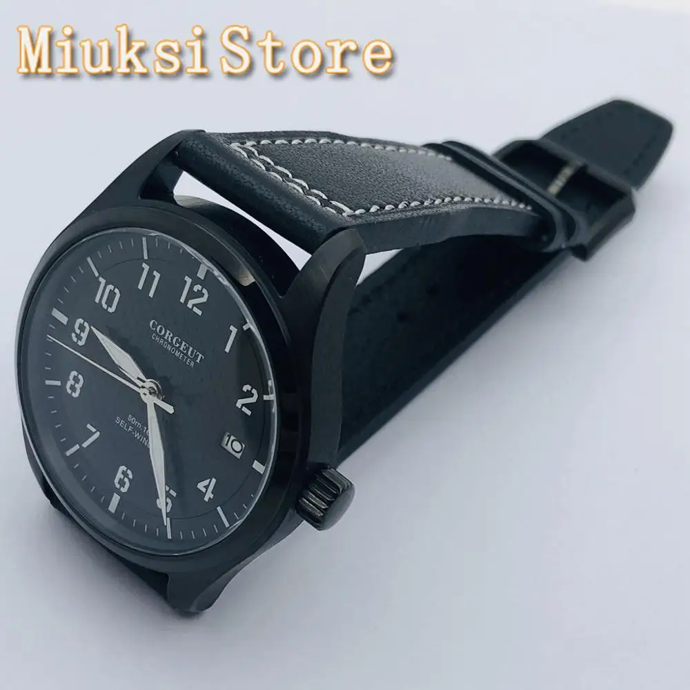 CORGEUT 40mm Black PVD Case Brown Sterile Dial Luminous Waterproof Leather Strap 24 Jewels NH35 Movement Men\'s Automatic Watch