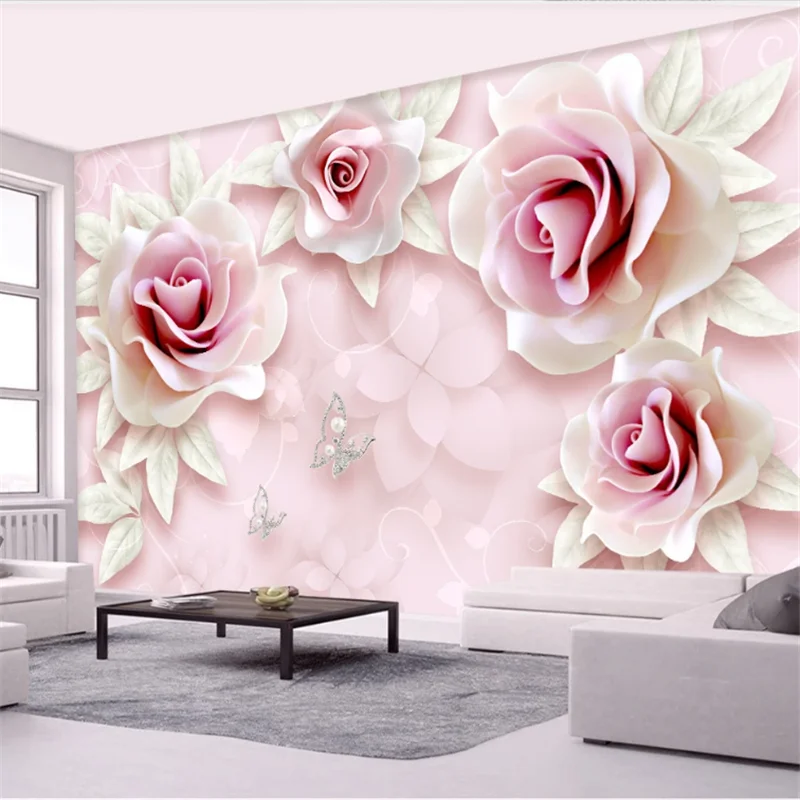 wellyu Fresh and simple 3d embossed pink rose 3D TV backdrop custom large fresco green wallpaper papel de parede para quarto