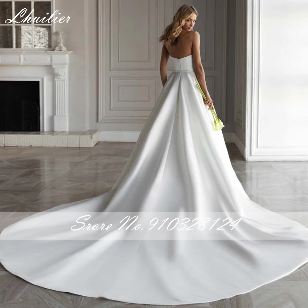 Lhuilier Customized Women's A-Line Strapless Satin Wedding Dresses Pleated Floor Length Bridal Gowns with Removable Jacket