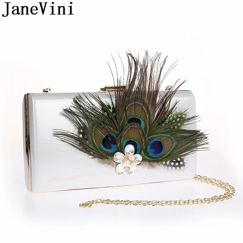 JaneVini Peacock Feather Clutch Rectangle Crystal Pearl Crossbody Bag Gold Royal Blue Evening Bags Women Party Handbags