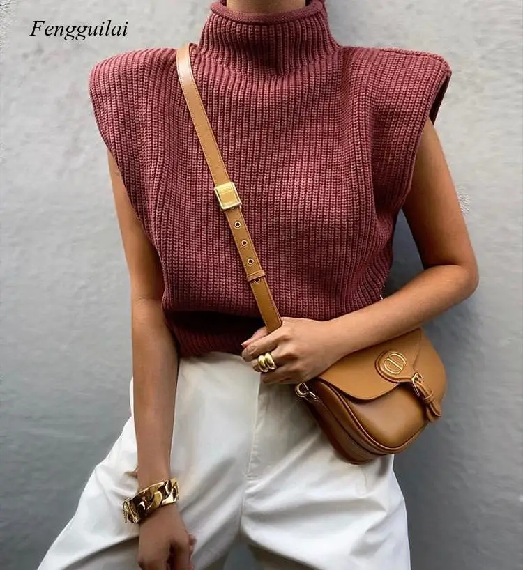 Sleeveless Winter Autumn Fashion Casual Turtleneck Knitted Women Sweater Vest Tops Basic Jumper Shoulder Pads Female 2020