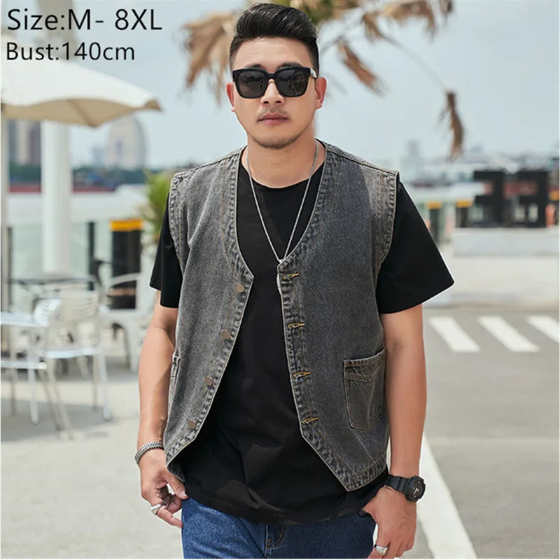 

Motorcycle Vest Male Denim Sleeveless Jacket Korean 6XL 7XL 8XL Waistcoat Plus Size Men Style Cowboy Jeans Collarless Ceketler