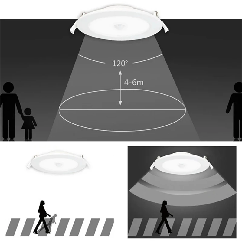 LED typu Downlight 6W 9W 12W 18W 24W czujnik ruchu PIR ultra-cienkie oświetlenie panelowe LED wpuszczana lampa światła dziennego 3000k 4000k 6500k