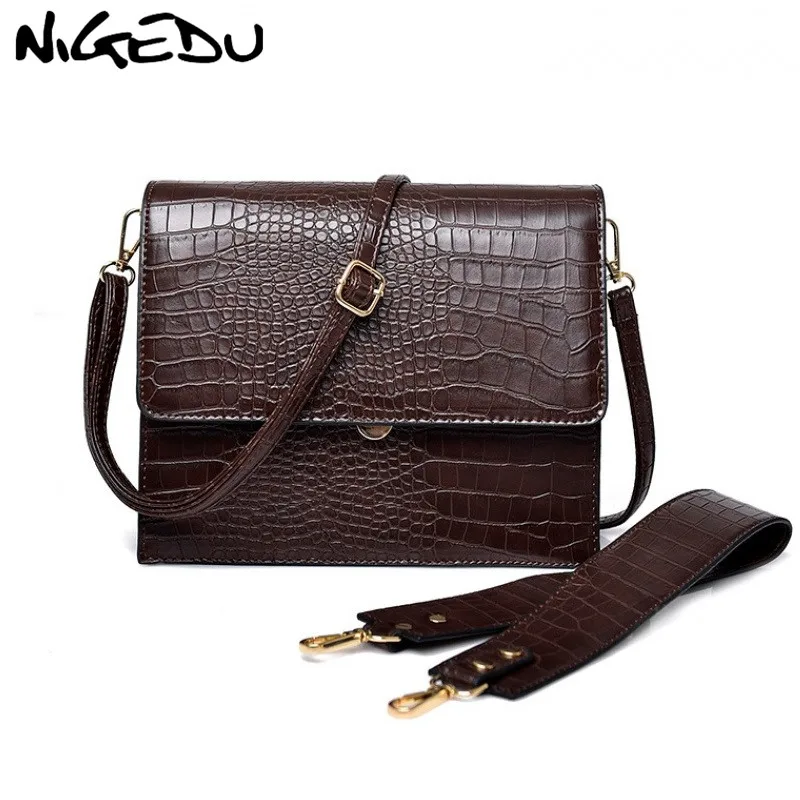 NIGEDU Fashion Women Handbag Luxury crocodile Leather Flap Shoulder Bag for Female crossbody bags Large capacity Totes coffee