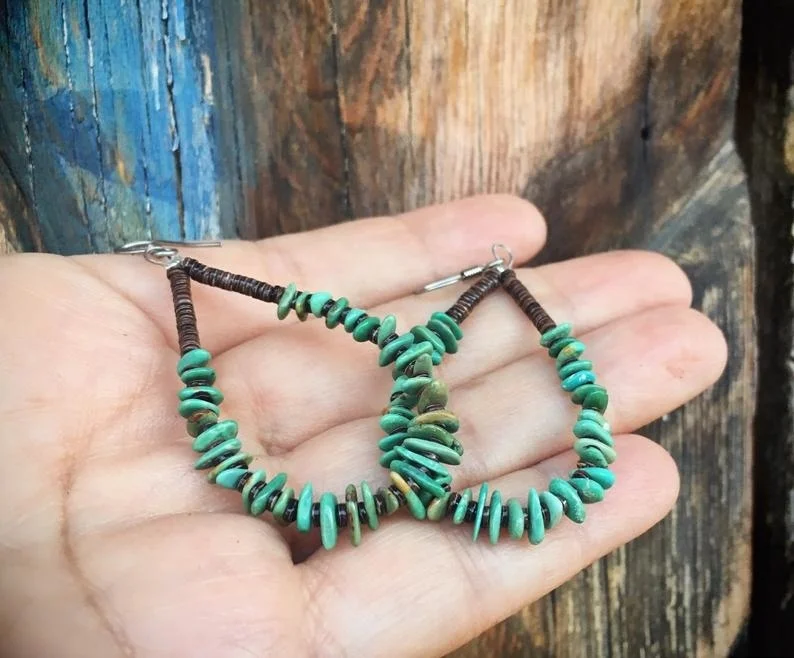 Chip Turquoise Hoop Earrings  Indian Turquoise Jewelry Boho Hippie