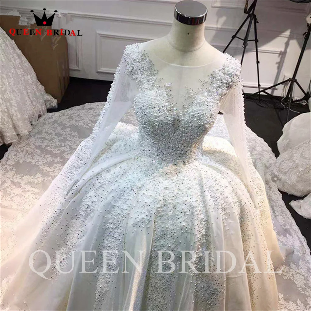 Real Photo Luxury Ball Gown Wedding Dresses Puffy Satin Lace Crystal Beaded Diamond Plus Size Bridal Gown Custom Made JT23