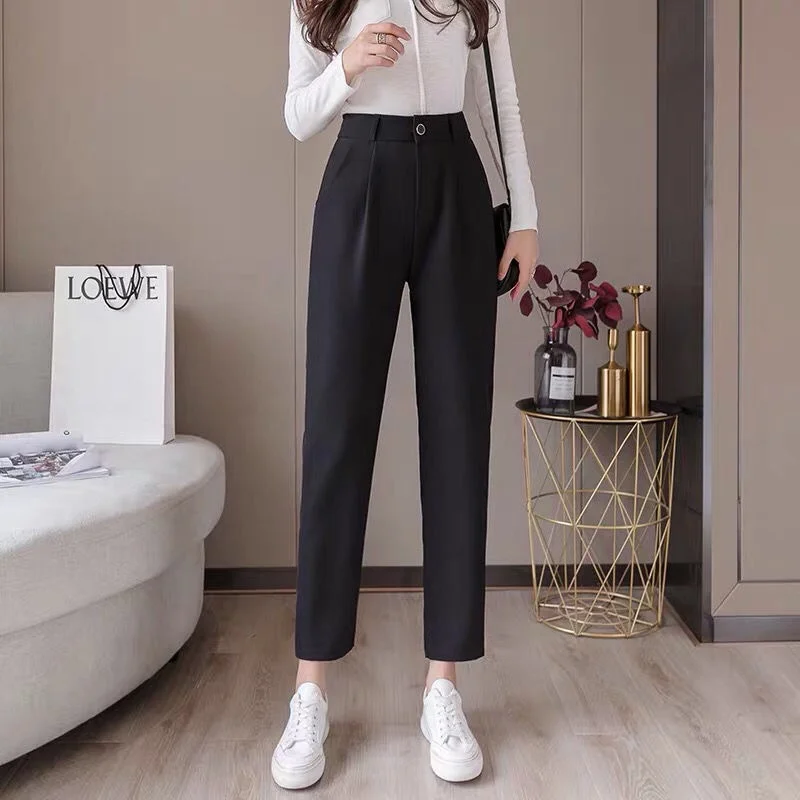 Office Lady สวมกางเกง Chic สีดำตรง MODE Korea Casual เข็มขัดเอวสูงหญิงกางเกง Pantalones De Mujer