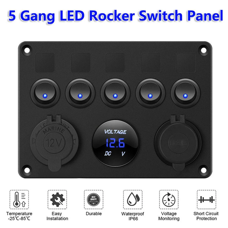 5 Gang 12V/24V Inline Fuse Box LED Switch Panel Dual USB Car Boat Truck Camper Digital Voltage Display Blue LED Light