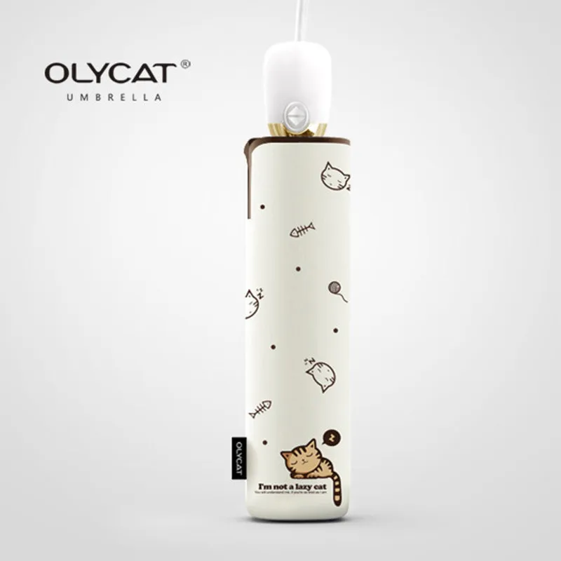 OLYCAT-Three Fold Umbrella for Women, Fully Automatic, White Cat, Student, Children, Girls, Black Gum, Sunscreen, Rainproof