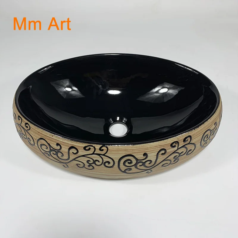 Wood grain luxury black oval ceramic above counter top bathroom sink hand wash art basin Bathroom sink