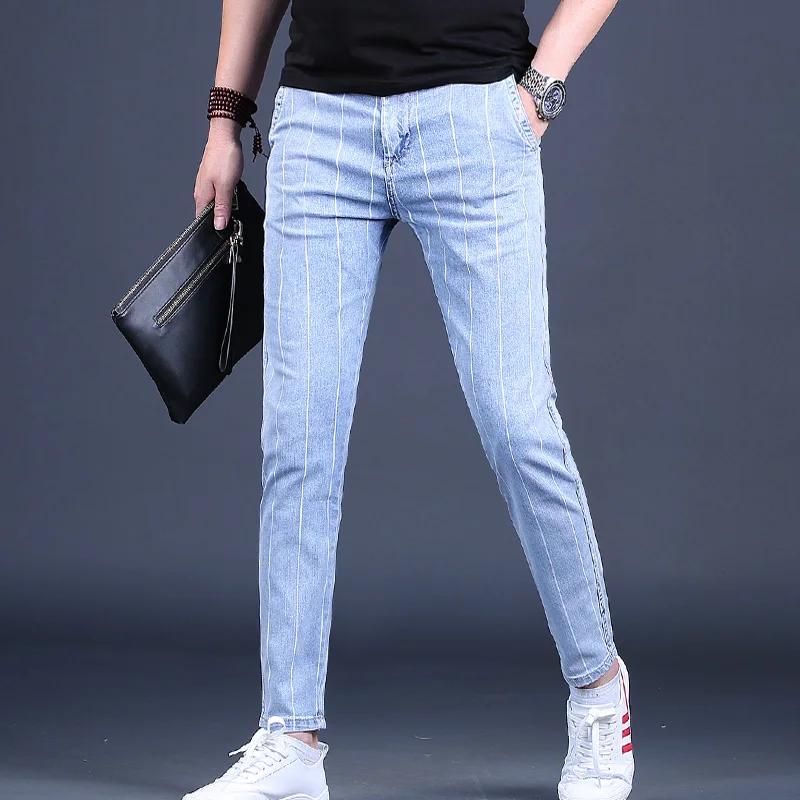 Gestreepte Jeans Zomer Blauw Koreaanse Stijl Mannen Slim Fit Denim Broek Streetwear Mannelijke Casual Broek