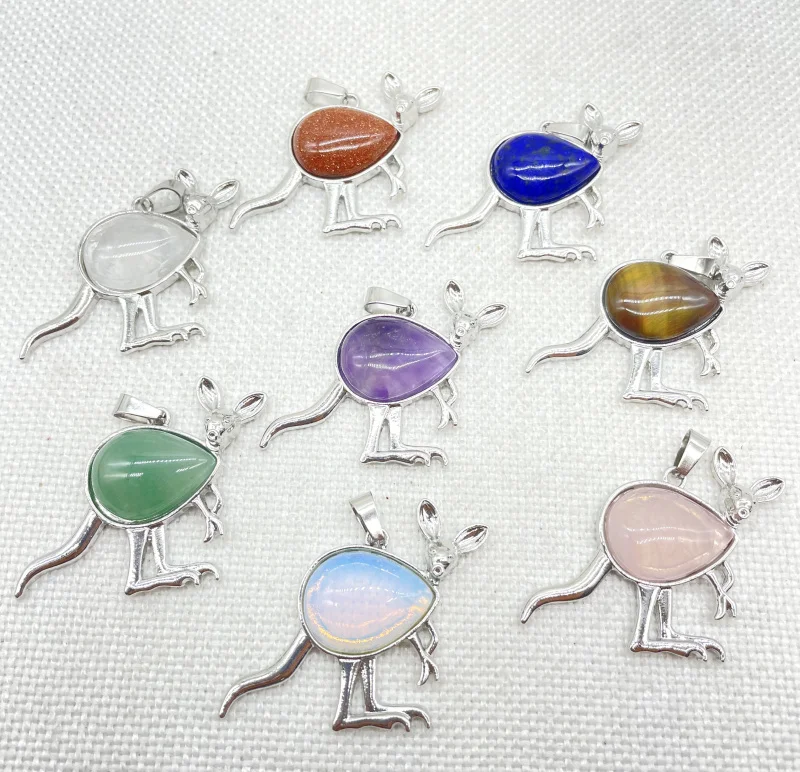 Wholesale Natural Gem stone Water Drop Quartz Crystal tiger eye animal kangaroo  Archaize silver Pendant Jewelry making 10 pcs