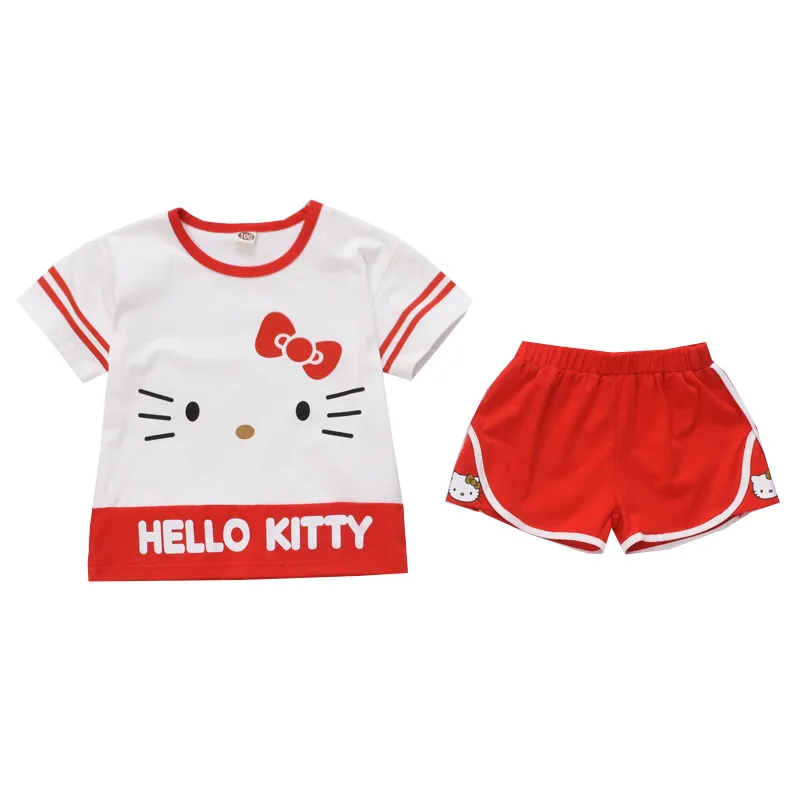 Hello Kitty Girls Summer Cotton Comfortable Short-sleeved Suit Baby Pullover T-shirt Shorts Casual Two-piece Children\'s Clothing