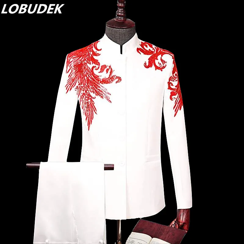 (Jacket+Pants) Chinese Style Men\'s Suits Sequins Embroidery Blazers Stand Collar Tuxedo Dress Singer Host Stage Costume 2 Pieces