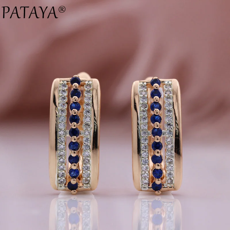 PATAYA New Square Blue Single Row Natural Zircon Unique Earrings 585 Rose Gold Color Drop Earrings Women Wedding Fashion Jewelry