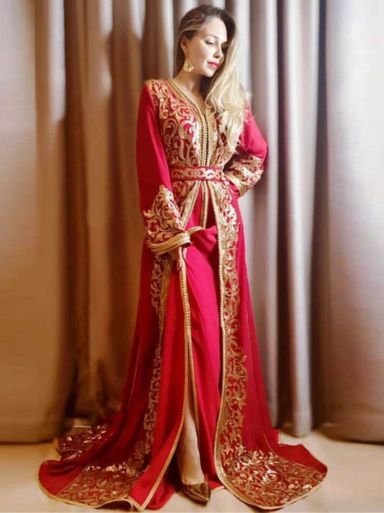 LORIE Dubai Red Evening Dresses Moroccan Caftan Elegant Gold Lace Appliques Beading Formal Prom Party Celebrity Gown Long Sleeve