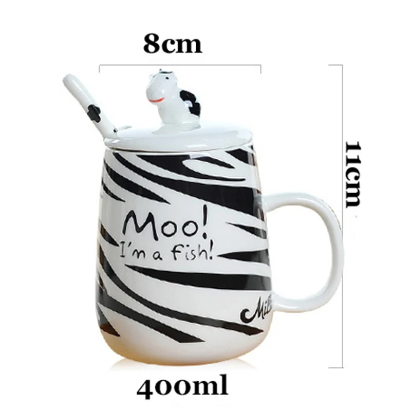 Moo! I'm a Fish! Ceramic Water Mug Dairy Cow Design Office Coffee Mug,Cute Morning Breakfast Milk Coffee Mugs With Lid Spoon image 4