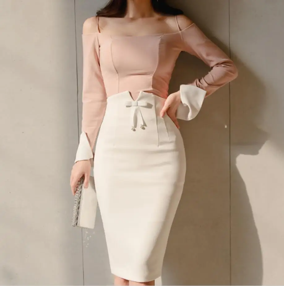 2020 Spring Women Skirt fashion Bowtie Empire Office Ladies Elegant Pencil Skirt Slim Mid White Skirt Femme Jupe Falda r491