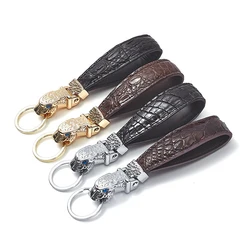 Personality Leopard head Key Chain Fashion Crocodile skin Leather Key Rings For Jaguar F-PACE XJ XE XF Unisex gift pendant RED